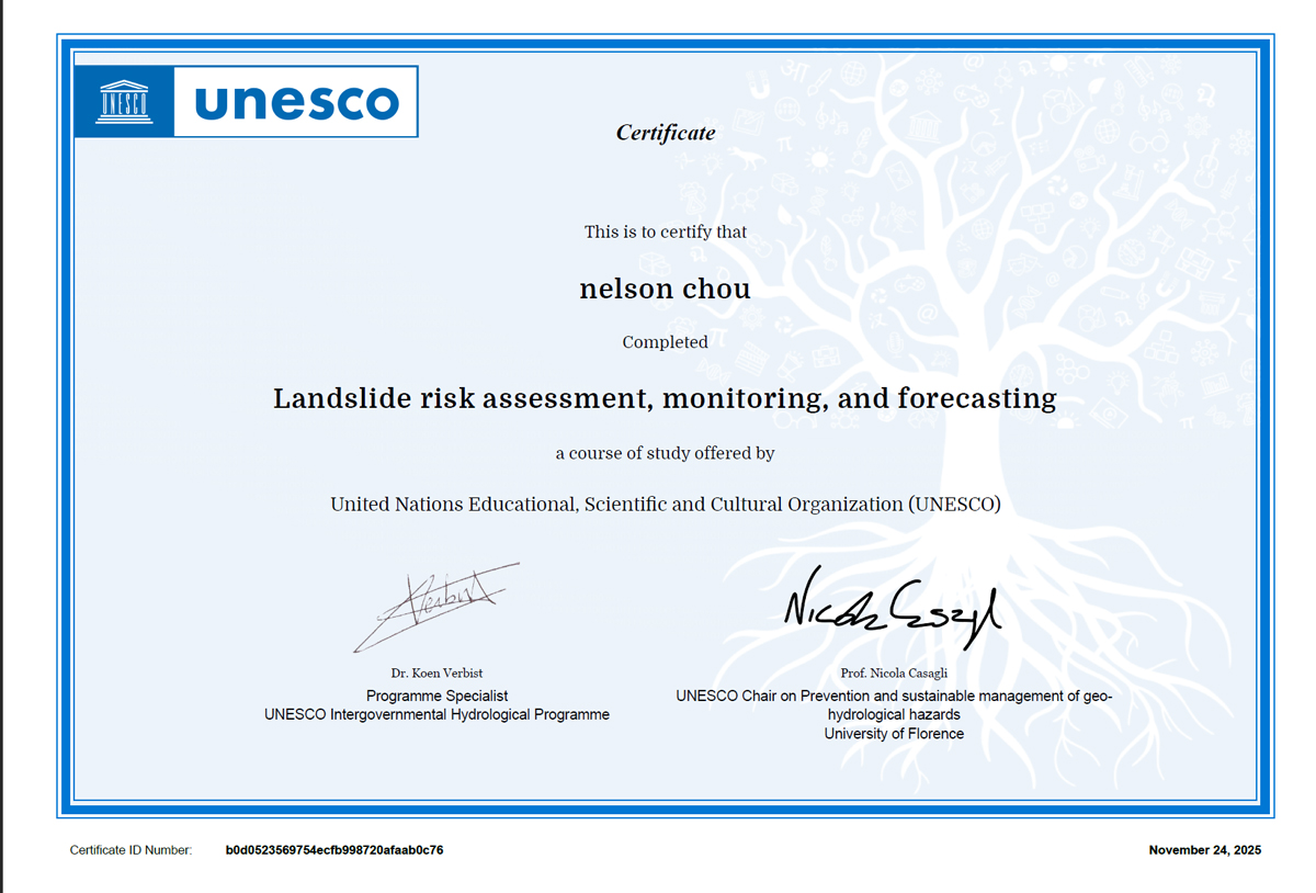 UNESCO が周端政（Nelson Chou）に発行した修了証。Open Educational Resources (OER) Development 講座を修了し、UNESCO 南部アフリカ地域事務所により認定されたことを示す画像